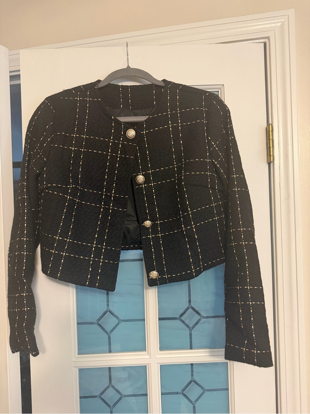 Black Plaid Tweed Cropped Jacket with Gold Buttons